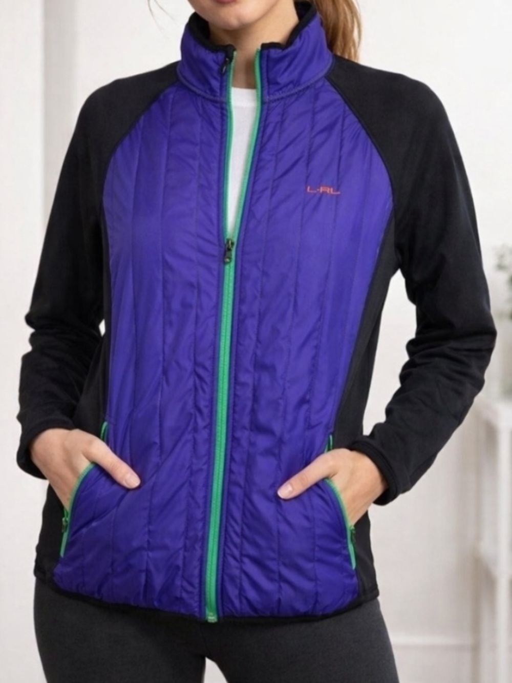 Ralp Lauren Active Purple & Black Quilted Active Jacket with Green Trim